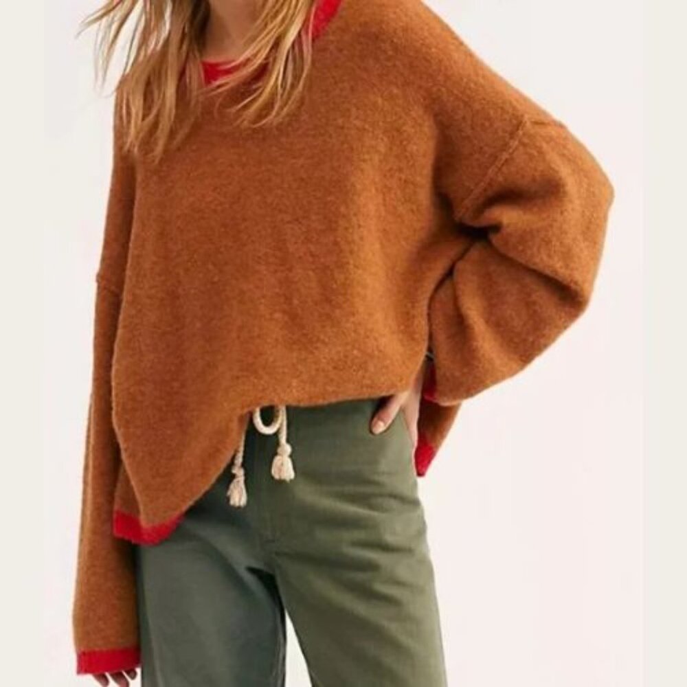 Free People Brown Alpaca Wool Blend Grandpa Crew Neck Sweater Small 36203